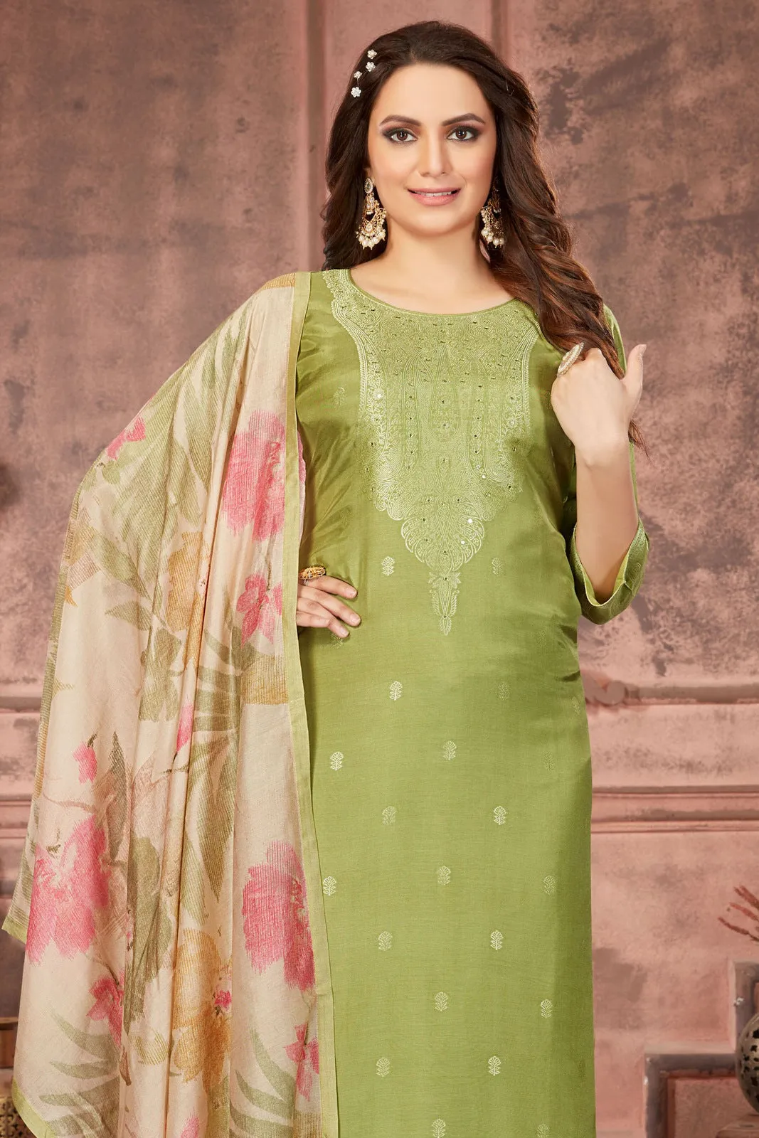 Green with Banaras work Straight Cut Salwar Suit