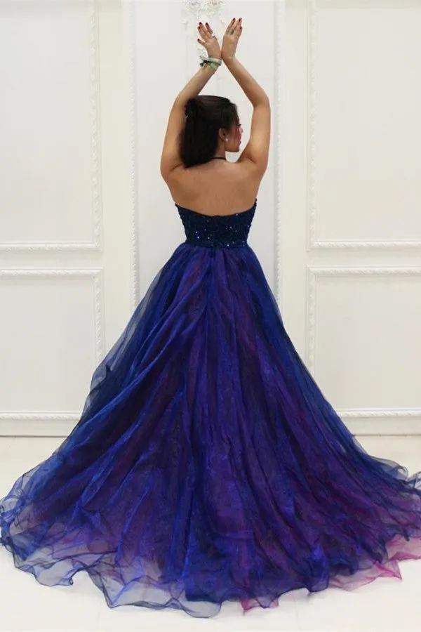 Halter Beaded Royal Blue Long Ball Gown Prom Dress,Princess Dress