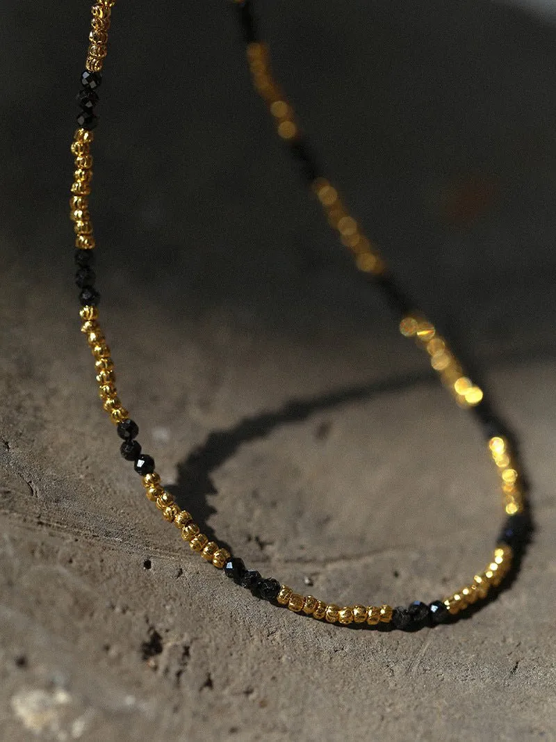 Handmade Black Spinel Golden Bean Mini Beaded Necklace