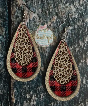 Hardboard Earrings 3 layer red buffalo leopard leather gold