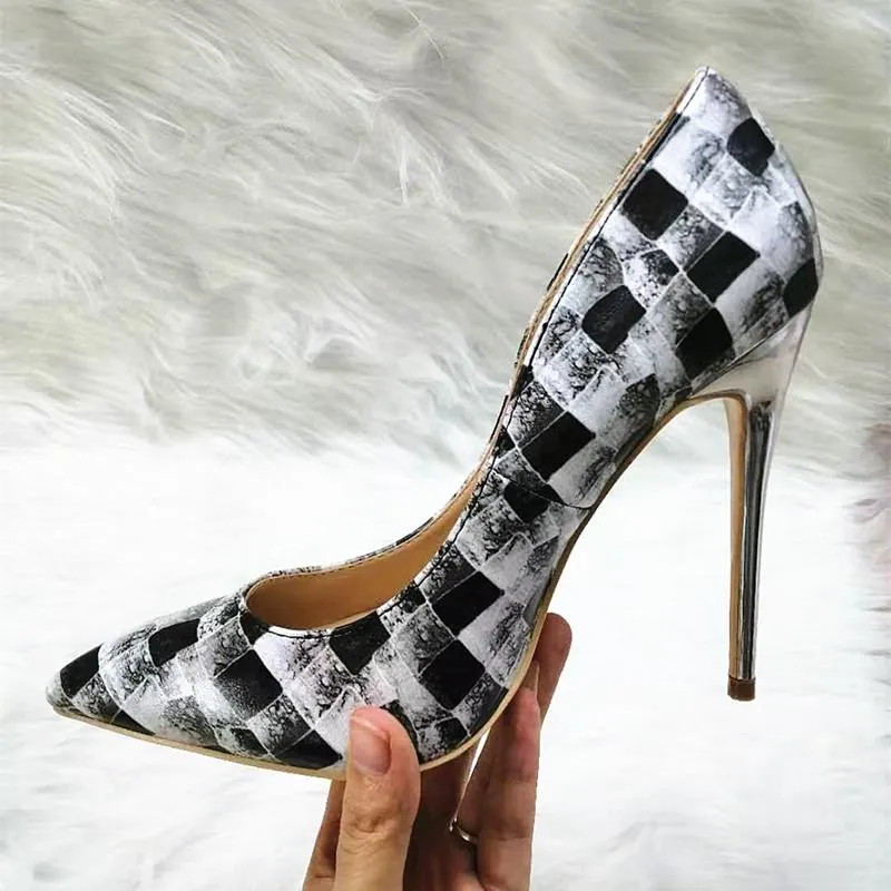 High-heels with black-and-white plaid pattern, Fashion Evening Party Shoes, yy16