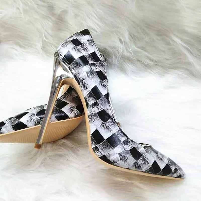 High-heels with black-and-white plaid pattern, Fashion Evening Party Shoes, yy16