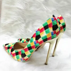 High-heels with colorful plaid pattern, Fashion Evening Party Shoes, yy17