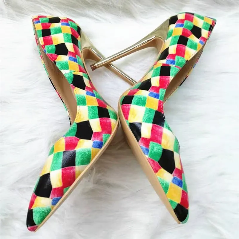 High-heels with colorful plaid pattern, Fashion Evening Party Shoes, yy17