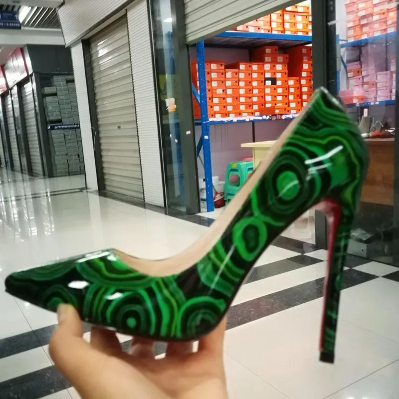 High-heels with green-and-black pattern, Fashion Evening Party Shoes, yy24