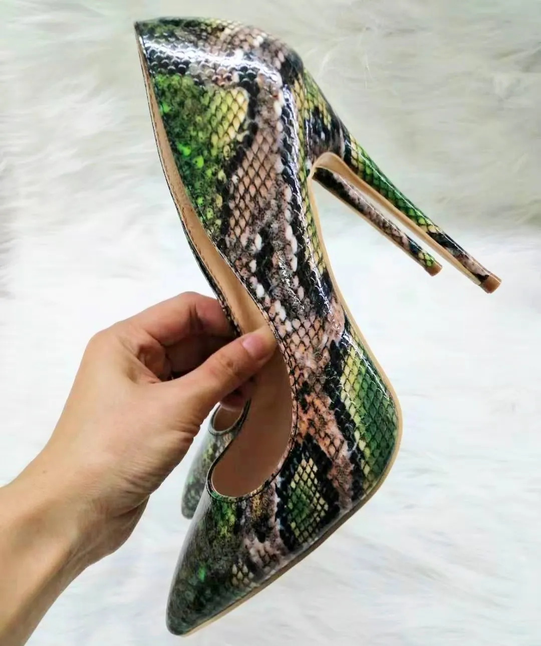 High-heels with green snakeskin pattern, Fashion Evening Party Shoes, yy18