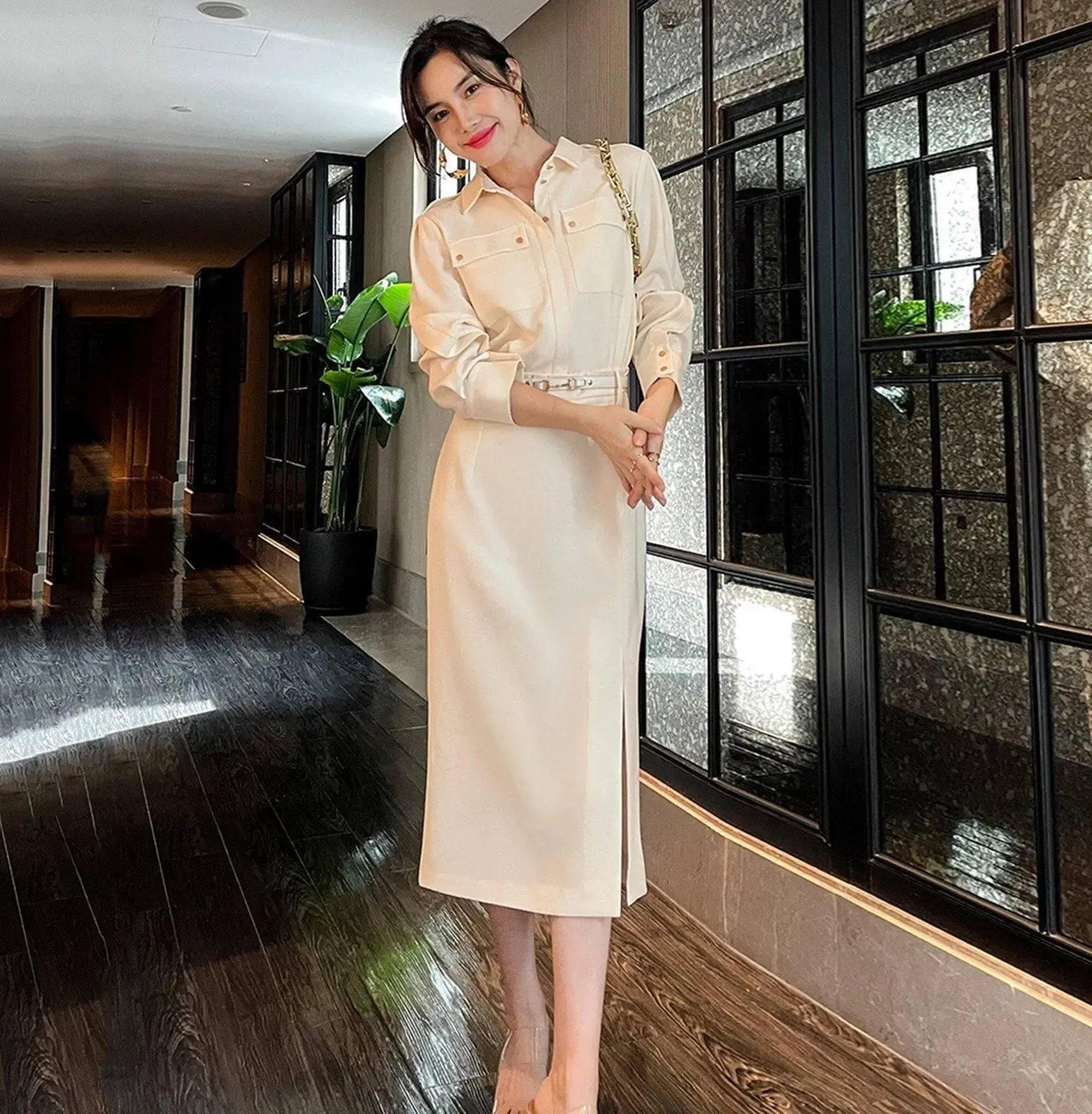 Ivory Long Sleeve Belted Corset Midi Shirt Dress