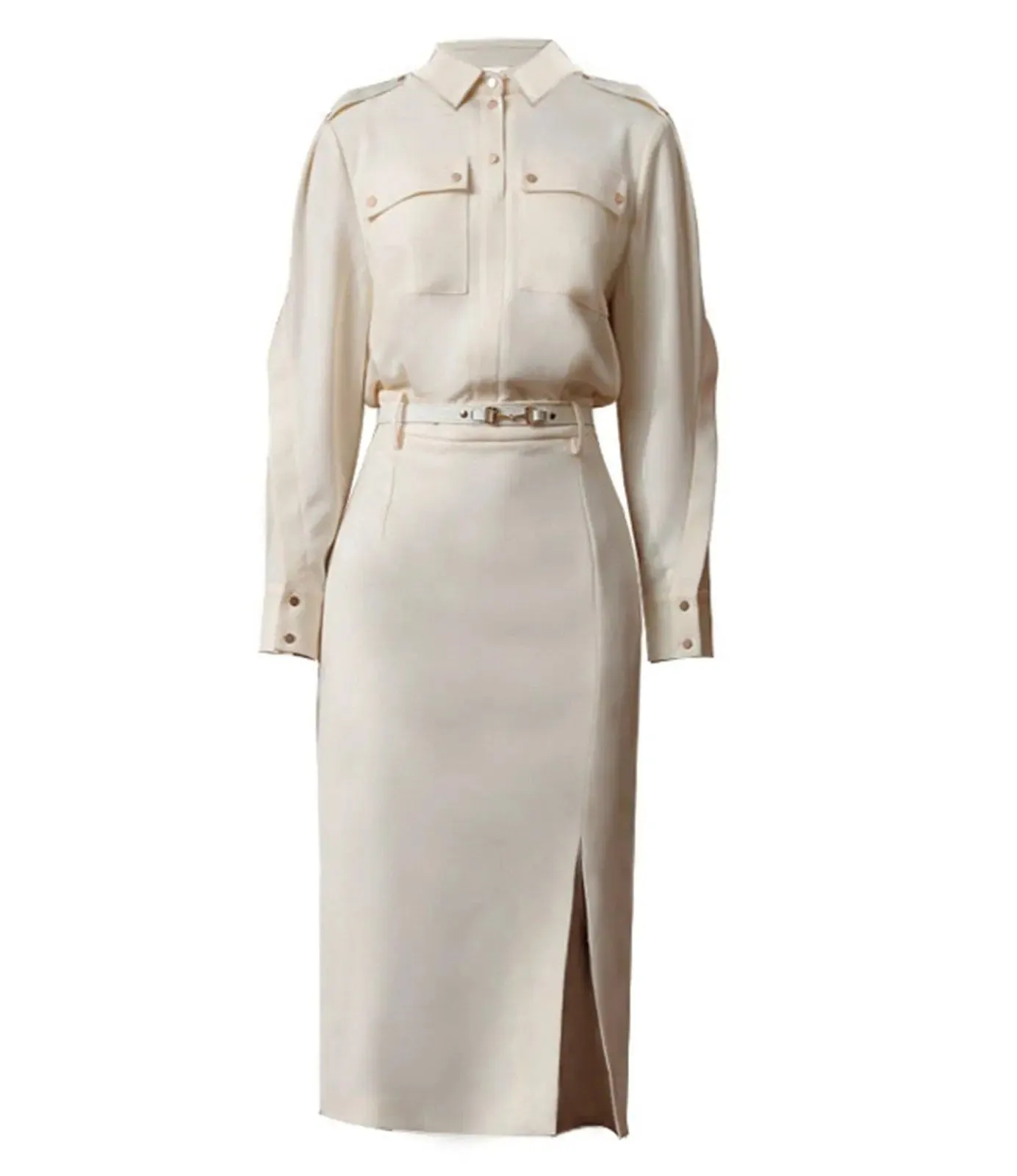 Ivory Long Sleeve Belted Corset Midi Shirt Dress