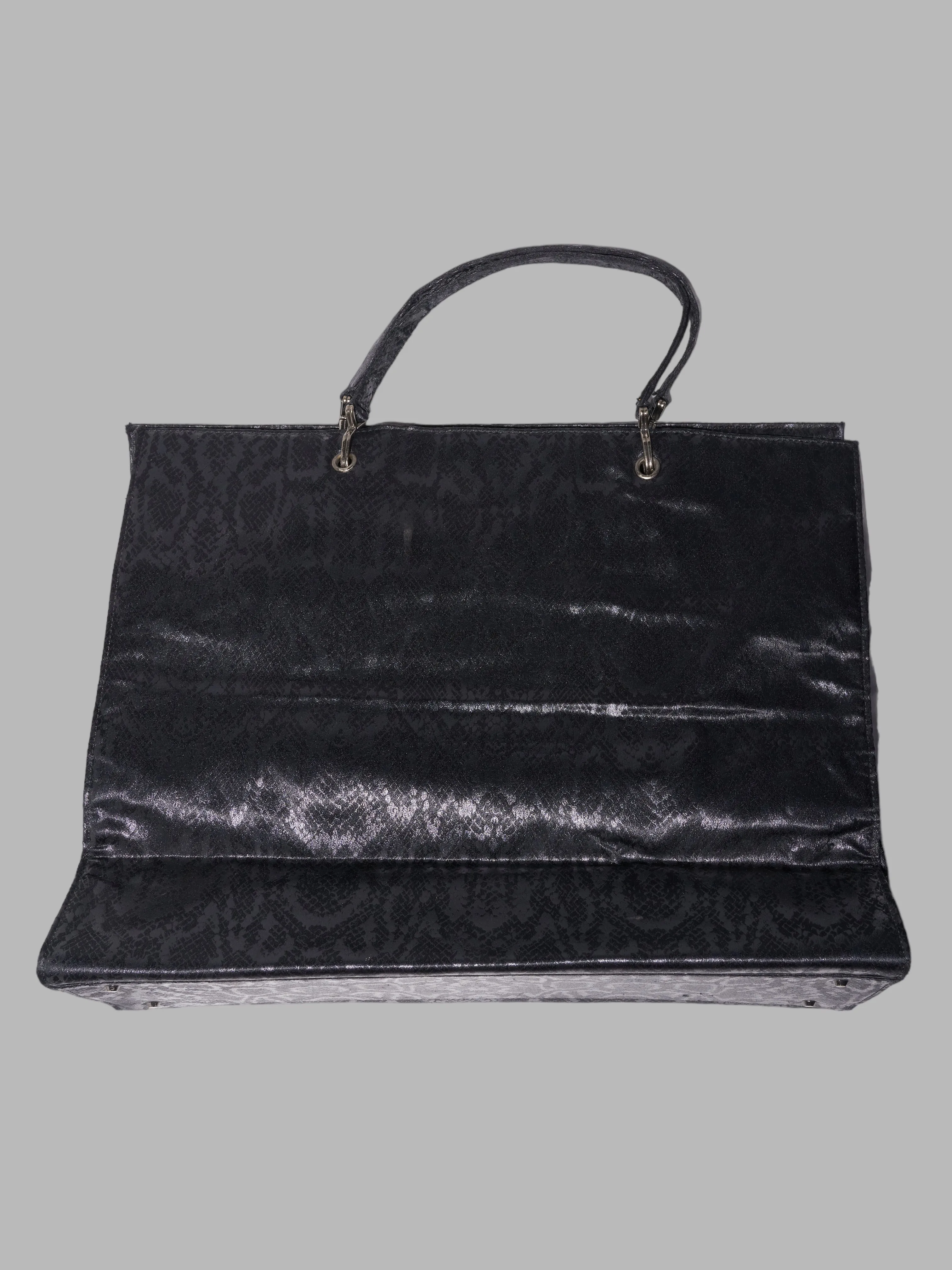 Jean Colonna 1990s large sheeny black snakeskin pattern fabric tote bag