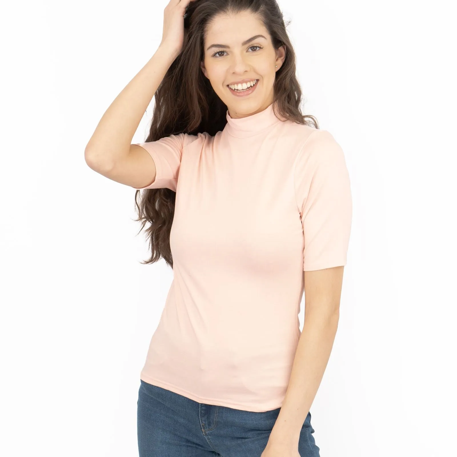 Karen Millen Light Peach Short Sleeve Jersey Funnel Neck Top