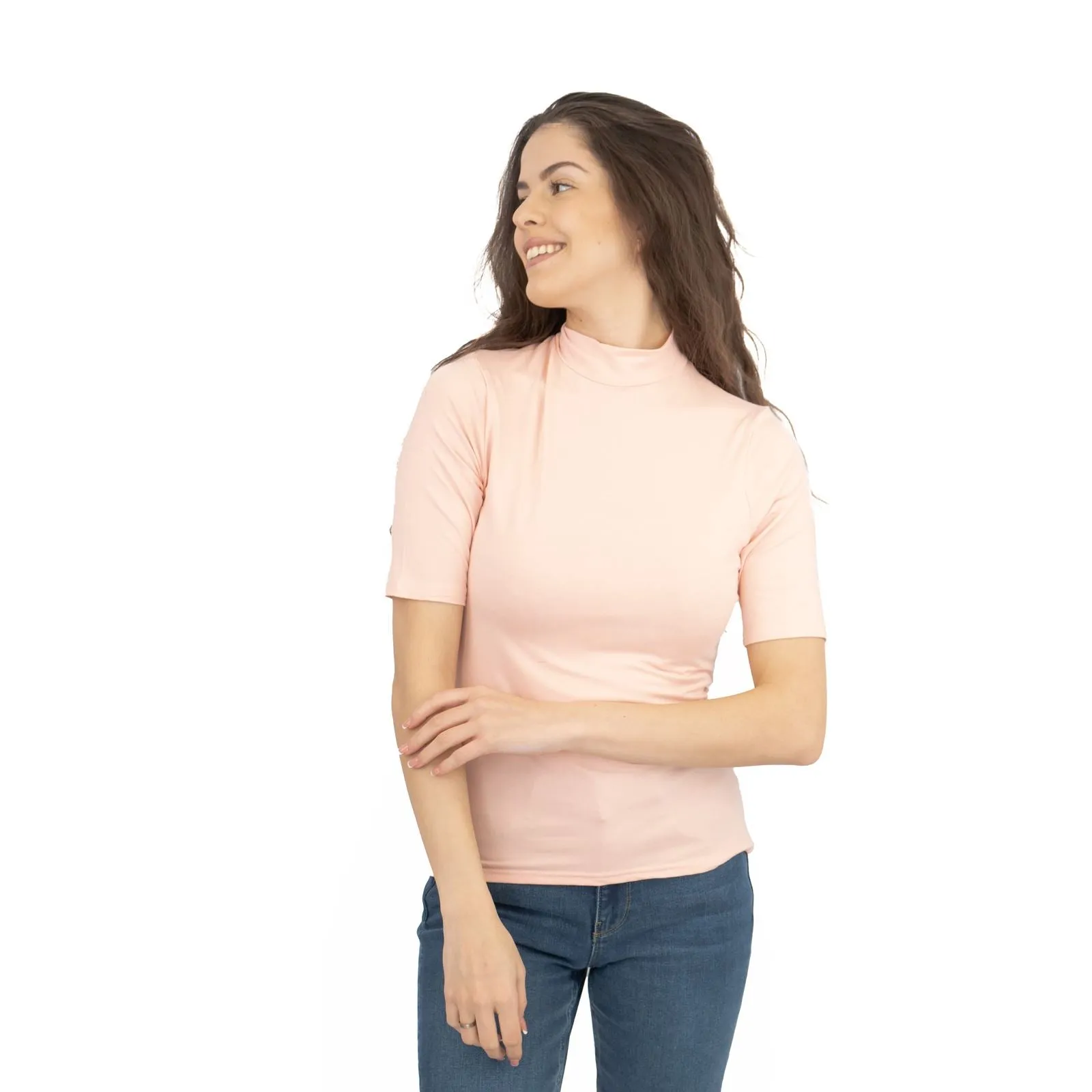 Karen Millen Light Peach Short Sleeve Jersey Funnel Neck Top