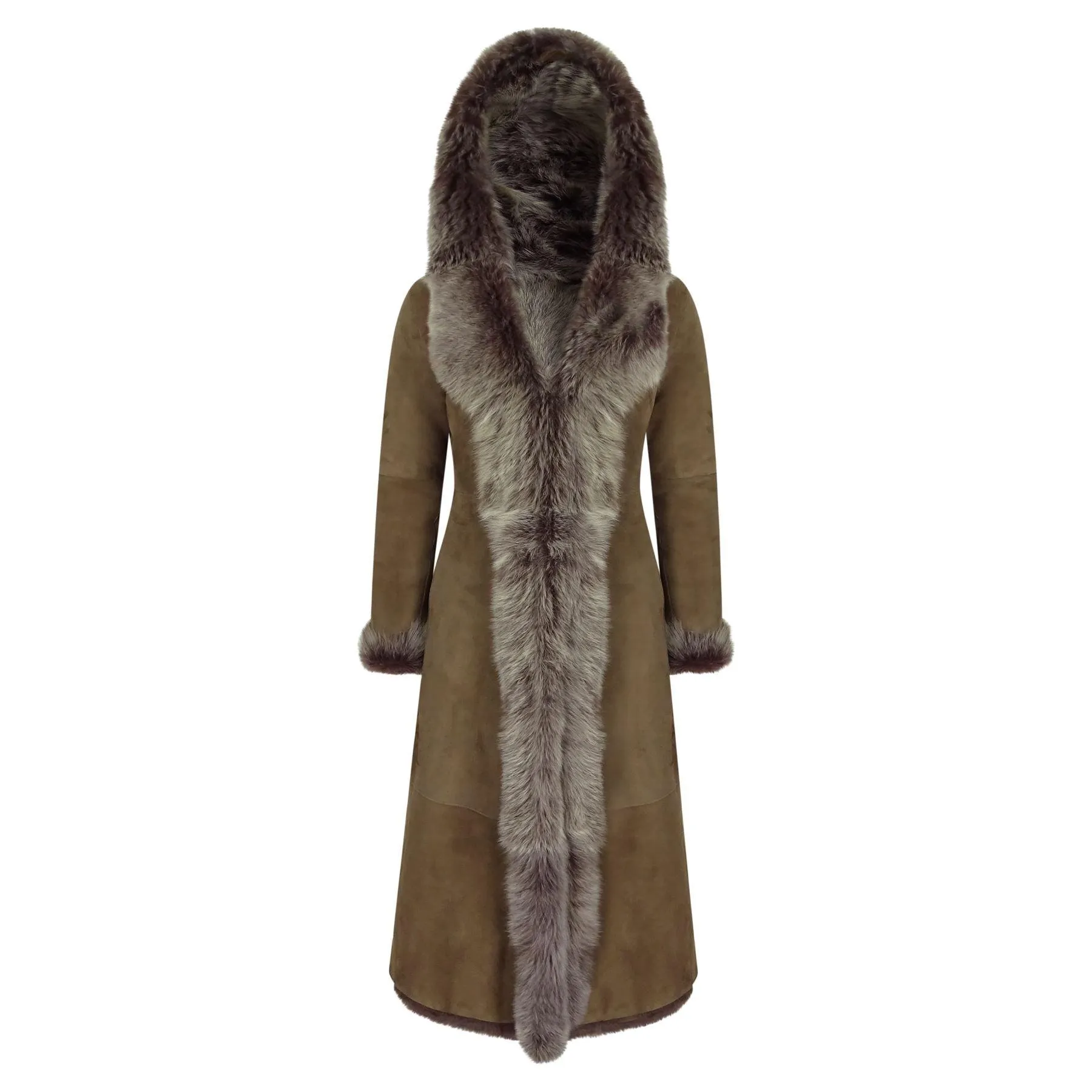 Ladies Suede Toscana Full Length Hooded Taupe Sheepskin Leather Trench Coat