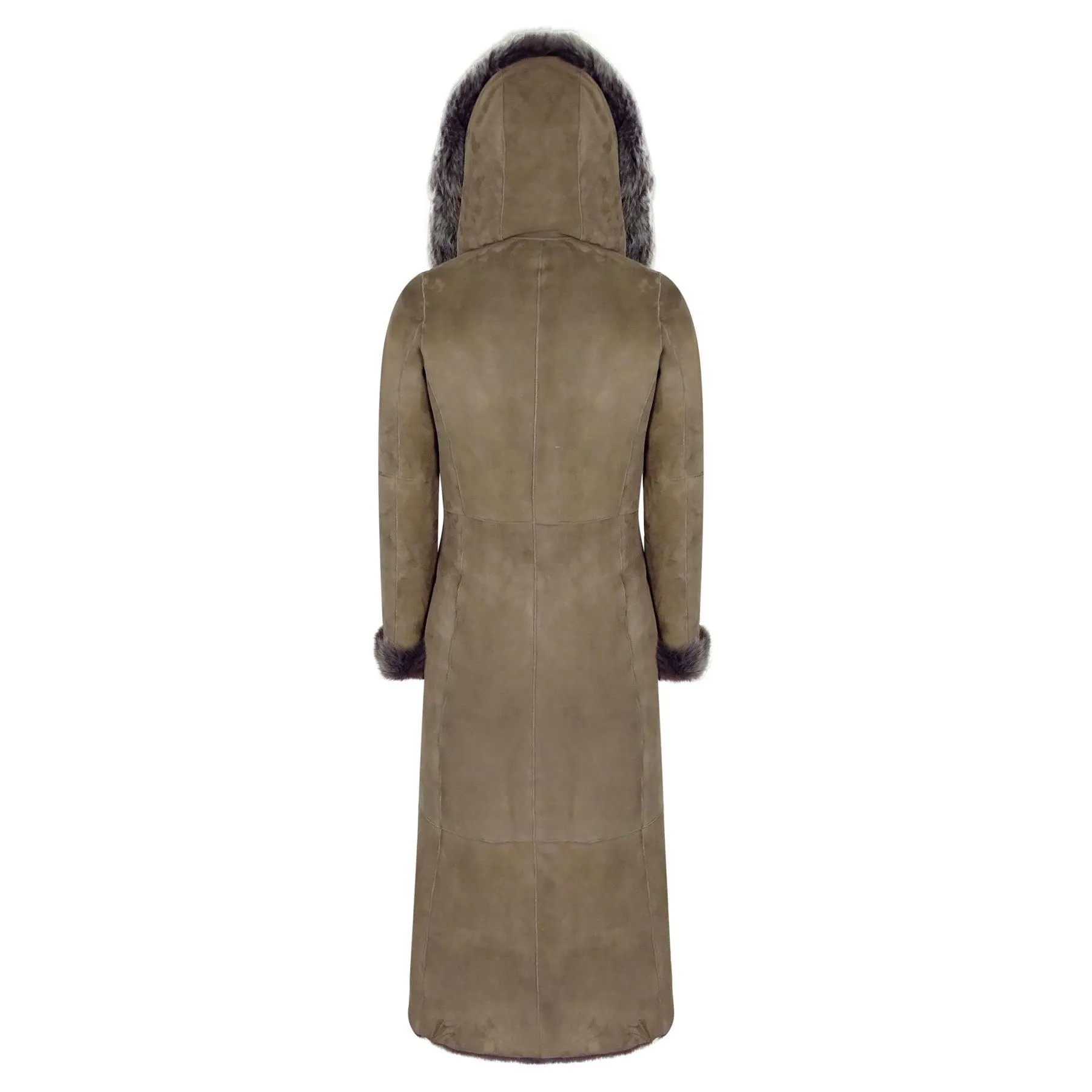 Ladies Suede Toscana Full Length Hooded Taupe Sheepskin Leather Trench Coat