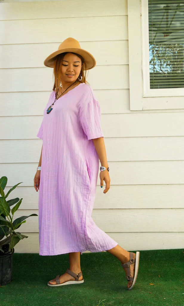 Lavender Double Gauze Cotton Dress with Pockets