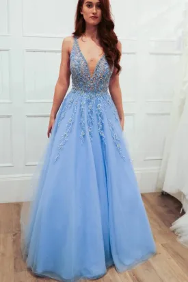 Light Blue Prom Dress V Neckline, Evening Dress ,Winter Formal Dress, Pageant Dance Dresses, Graduation School Party Gown, PC0241