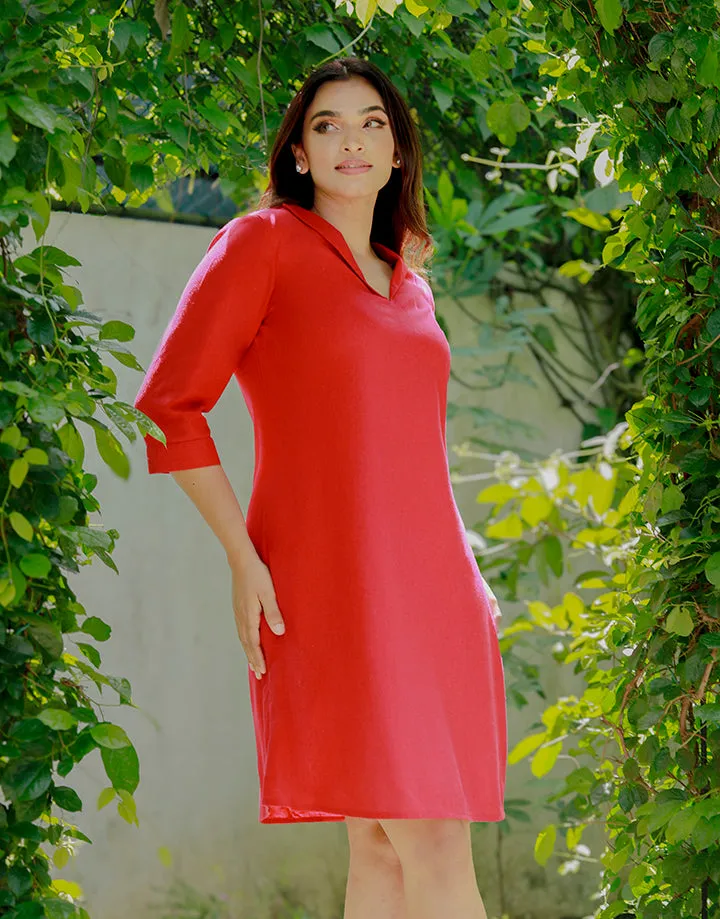 Linen V-Neck Dress with ¾ Sleeves