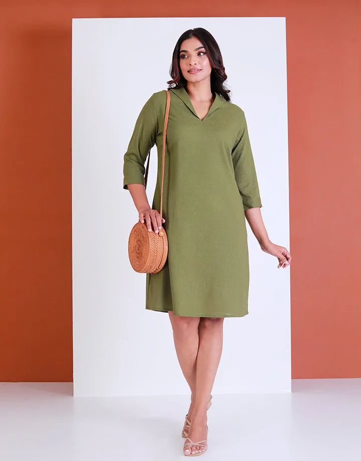 Linen V-Neck Dress with ¾ Sleeves