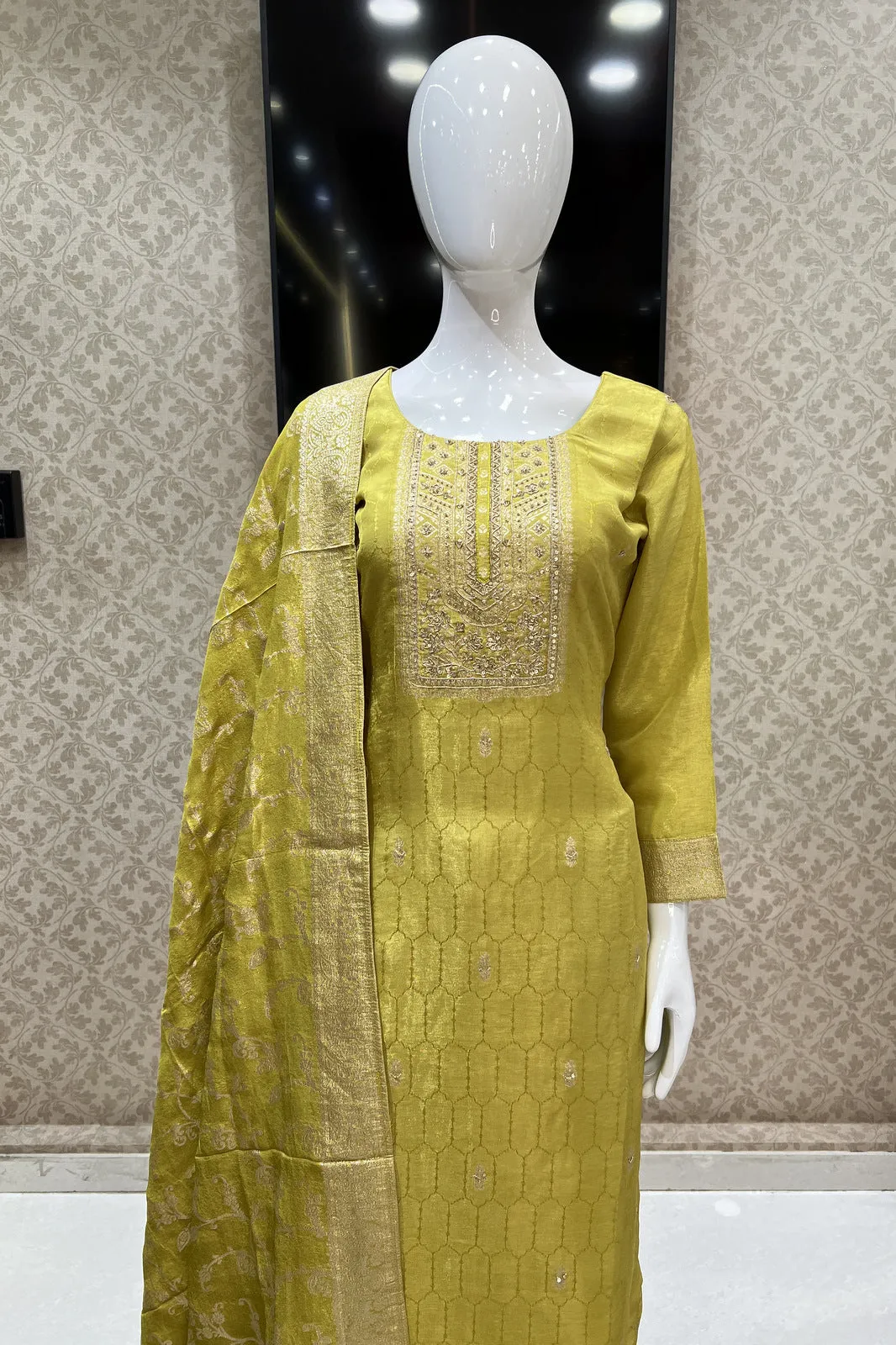 Liril Green Sequins and Zardozi work with Banaras Zari Weaving Straight Cut Salwar Suit