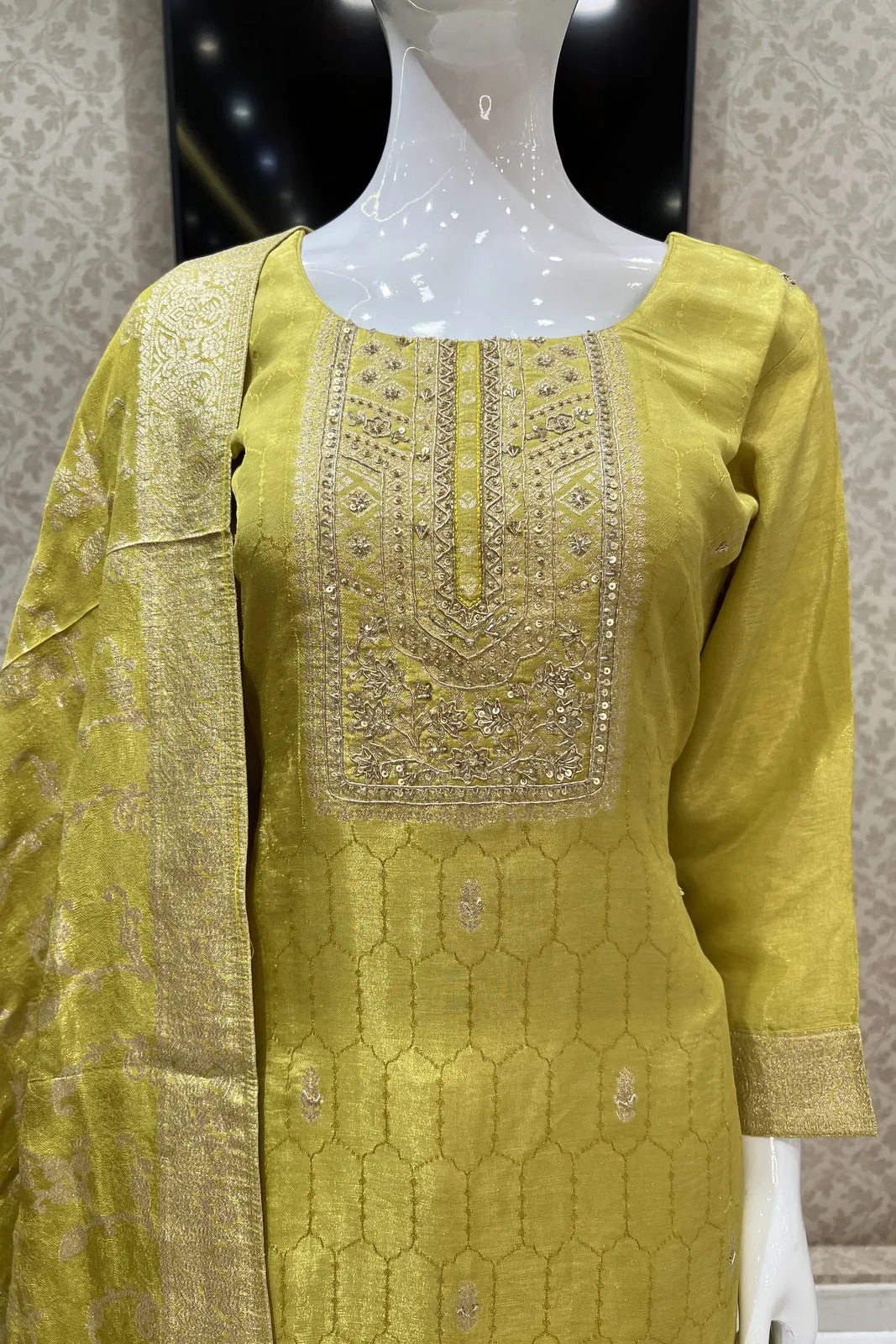 Liril Green Sequins and Zardozi work with Banaras Zari Weaving Straight Cut Salwar Suit