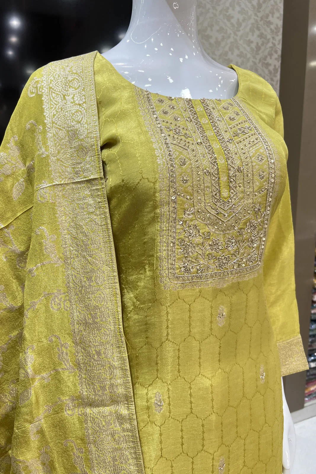 Liril Green Sequins and Zardozi work with Banaras Zari Weaving Straight Cut Salwar Suit