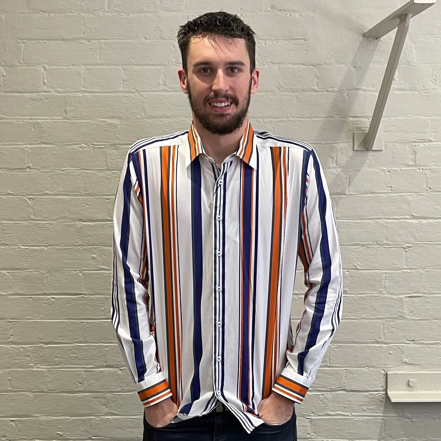 Long Sleeve Business Shirt - Striped - White, Navy & Orange