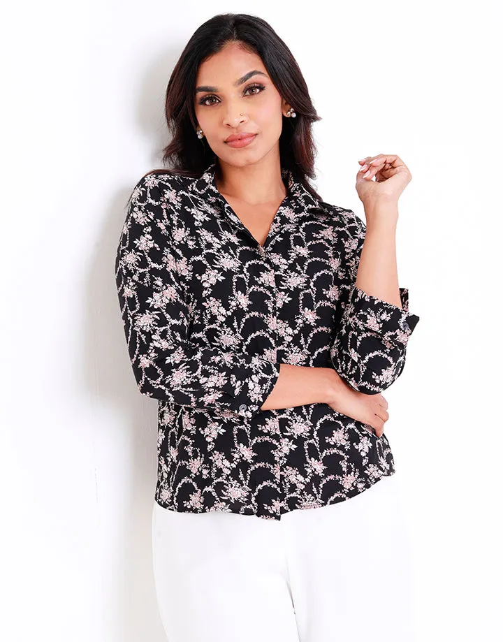 Long Sleeves Blouse with Rose Flower Print