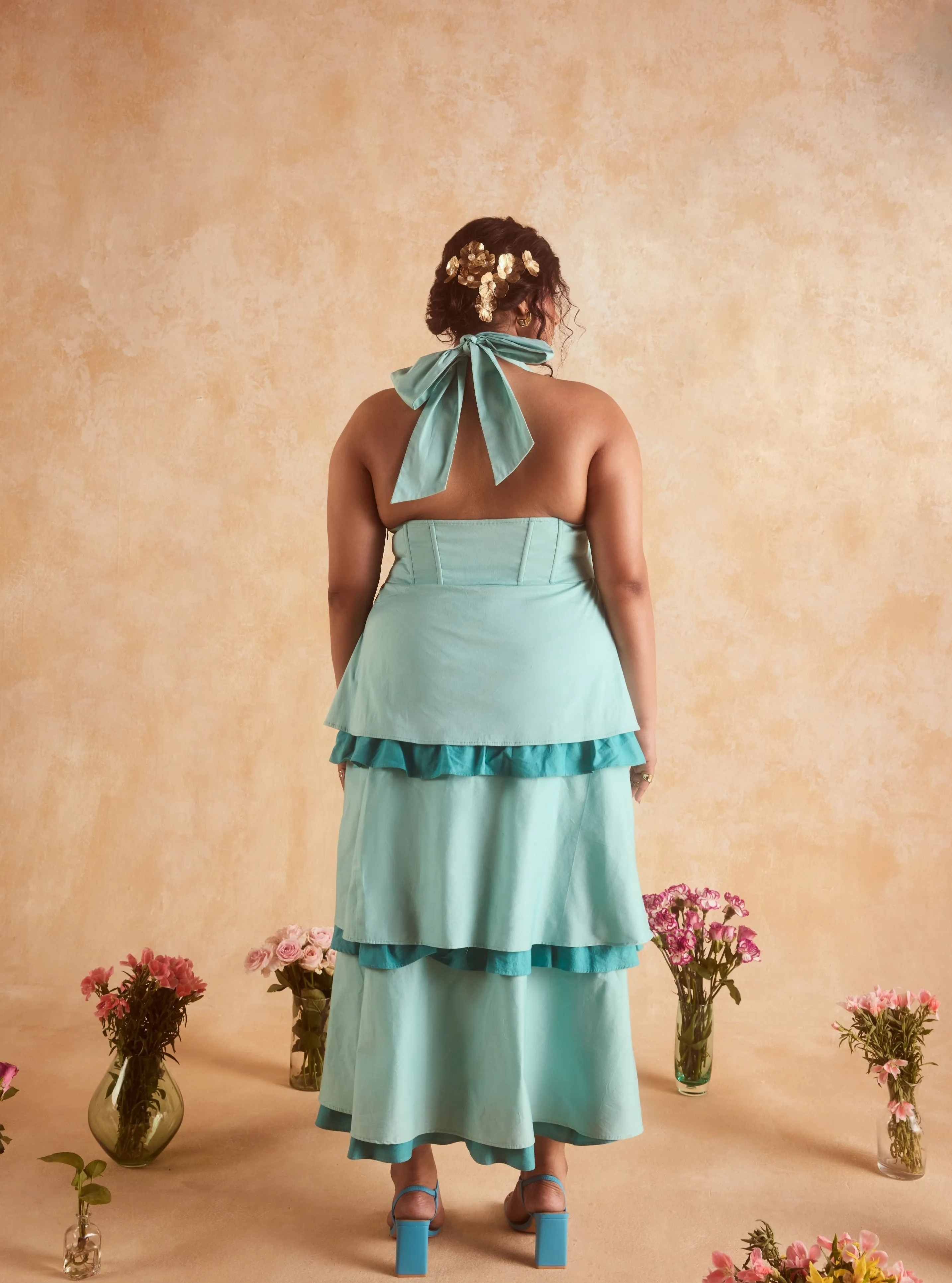 Lova Teal Corset Ruffled Dress