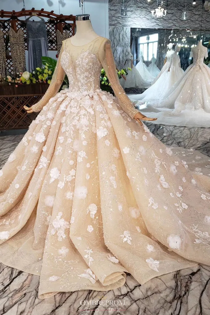 Luxury Long Sleeves Wedding Dress With Pearls Appliques Formal Ball Gown OW407