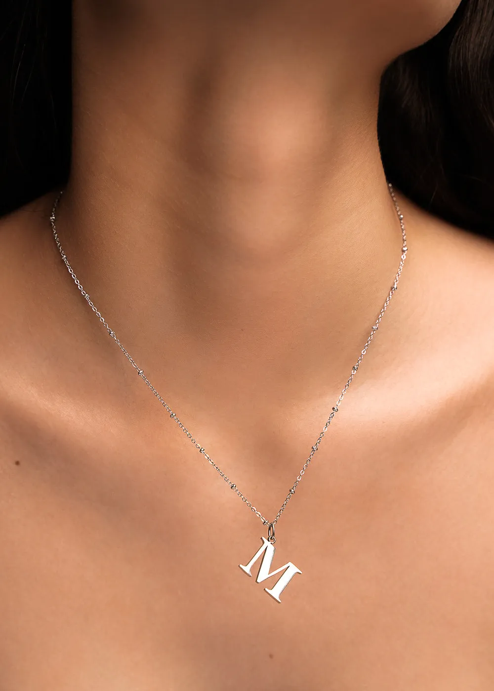 M Initial Pendant Necklace In Silver