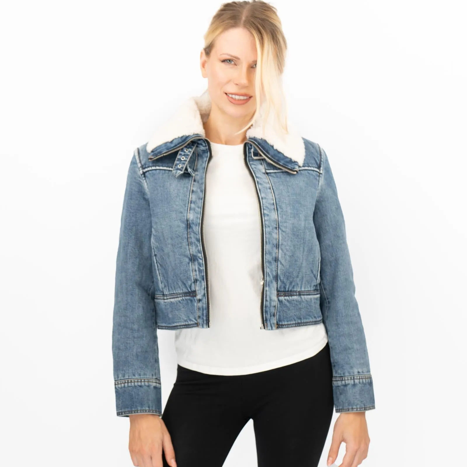 Mango Womens Shearling Denim Jacket