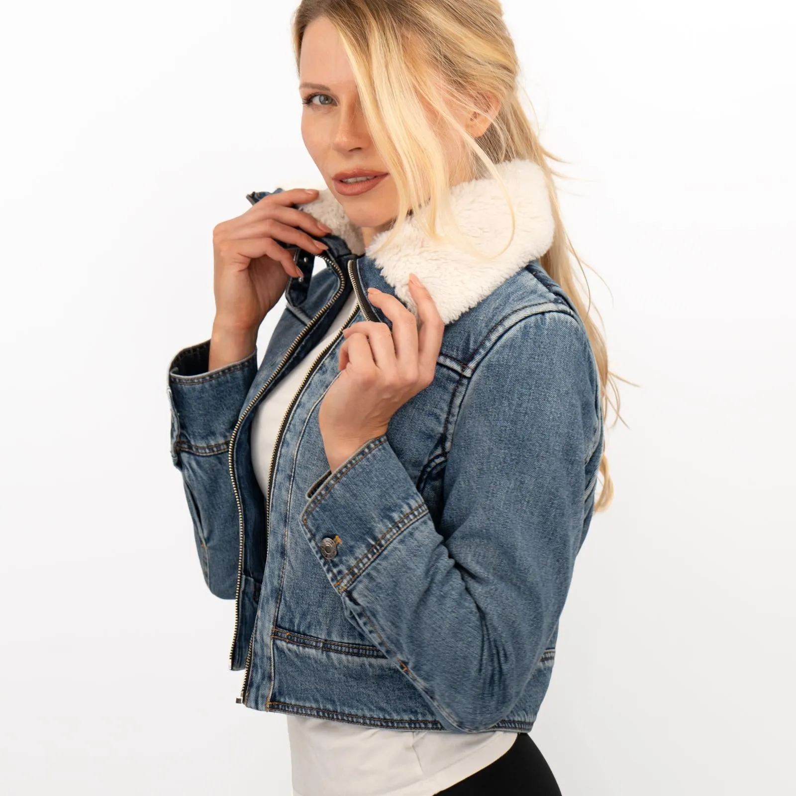 Mango Womens Shearling Denim Jacket