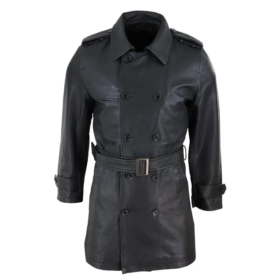 Mens Black 3/4 Trench Coat Real Leather Belted Jacket Classic Soft Napa Classic