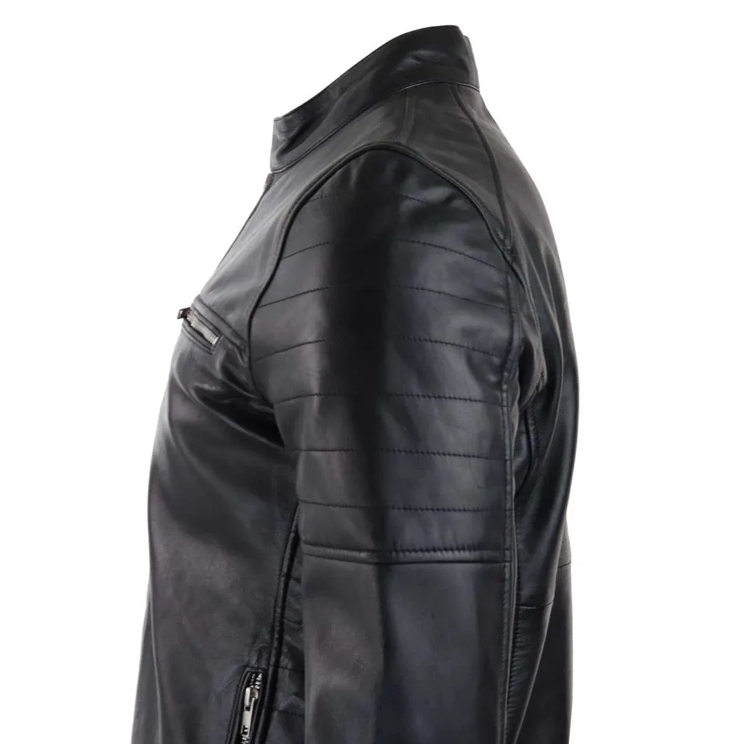 Mens Black Real Leather Jacket Short Zipped Biker Style Classic Vintage Retro