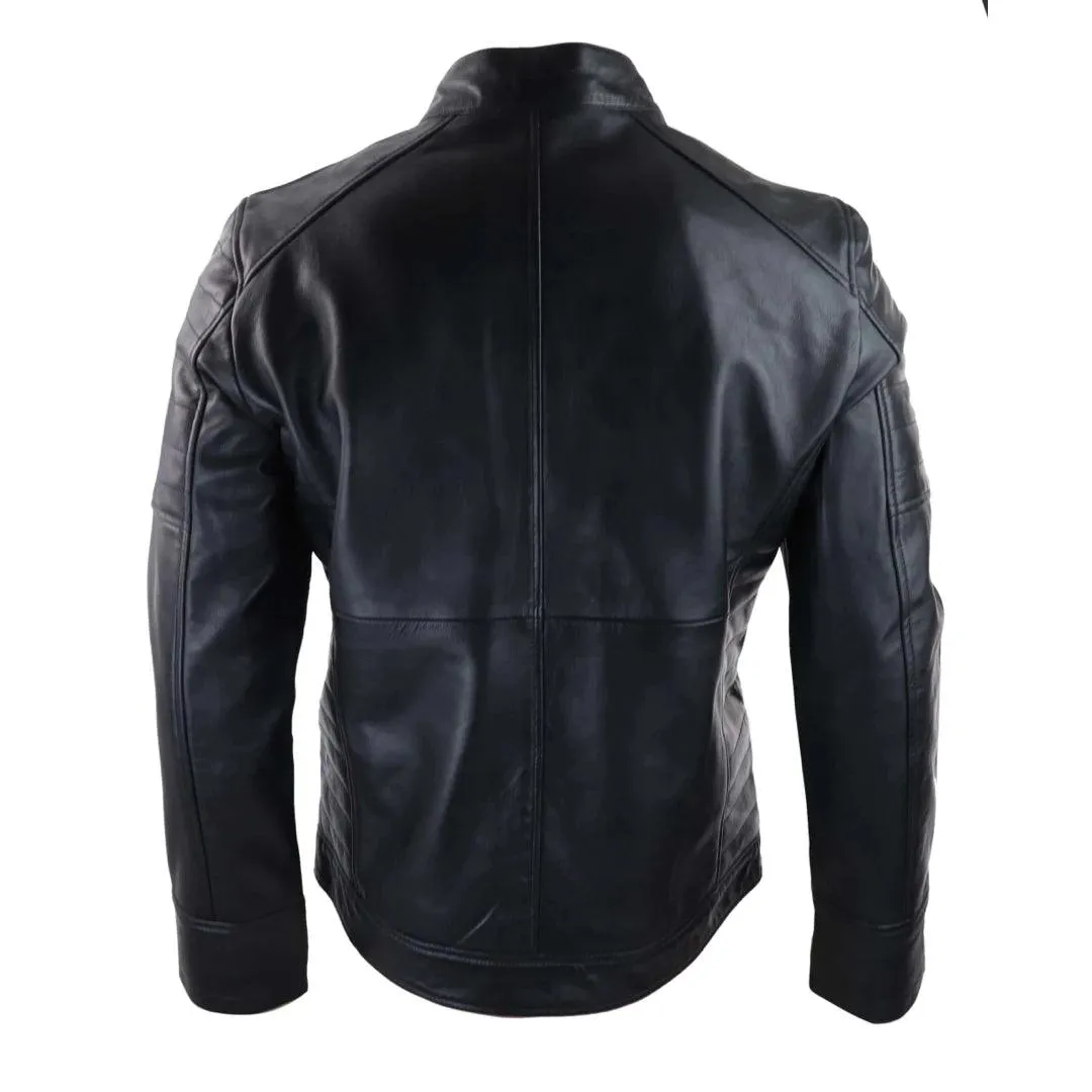 Mens Black Real Leather Jacket Short Zipped Biker Style Classic Vintage Retro