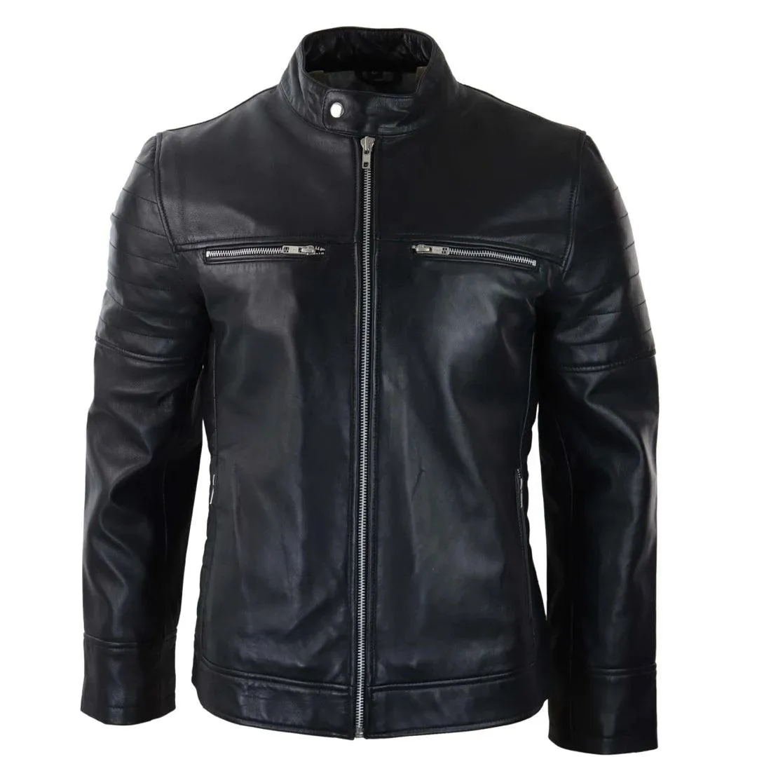 Mens Black Real Leather Jacket Short Zipped Biker Style Classic Vintage Retro