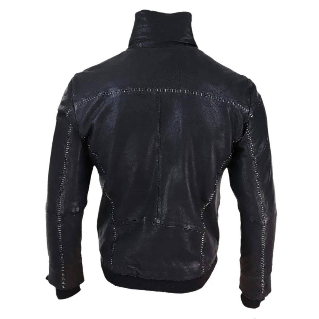 Mens Black Vintage Bomber Jacket Real Leather Distressed Slim Fit Stitch Retro