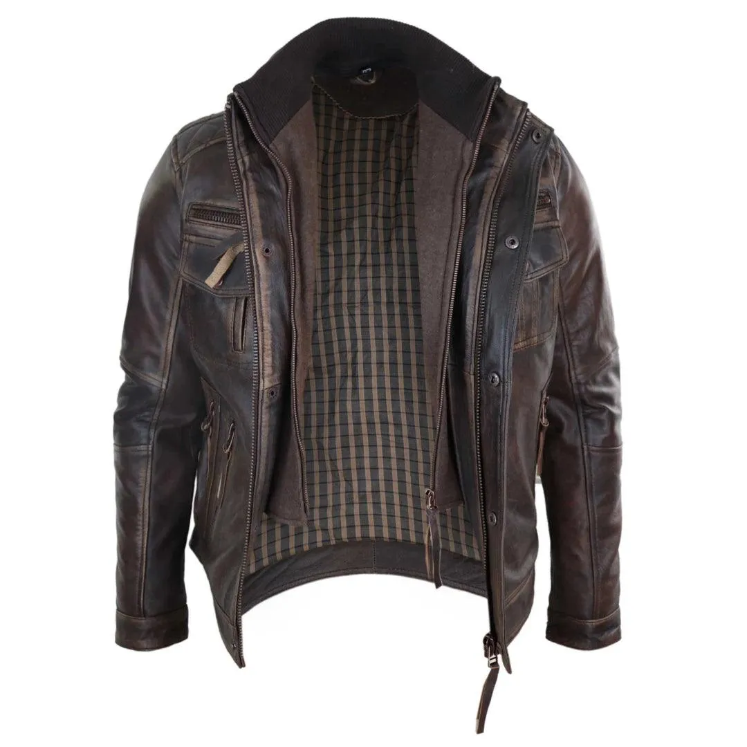 Mens Distressed Genuine Leather Biker Jacket Vintage Brown