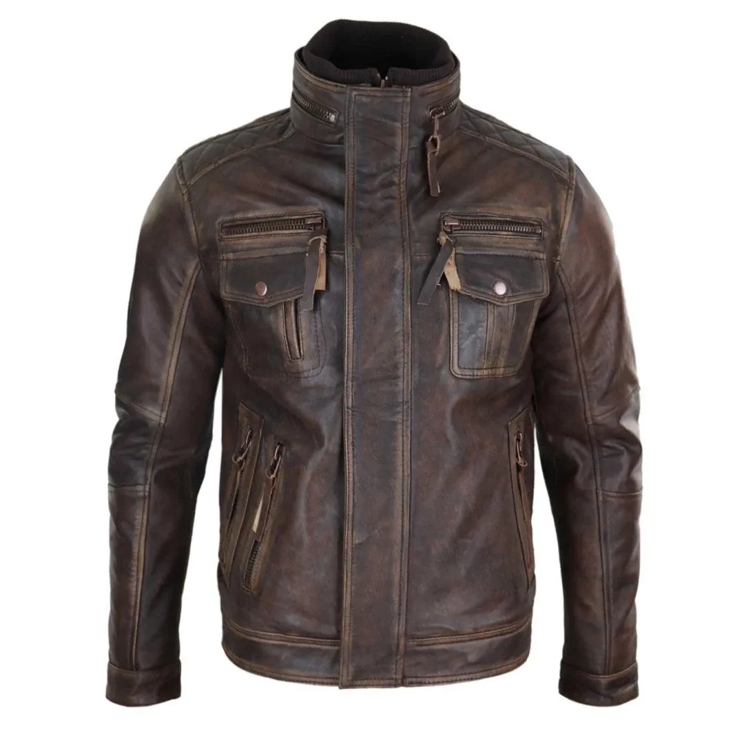 Mens Distressed Genuine Leather Biker Jacket Vintage Brown