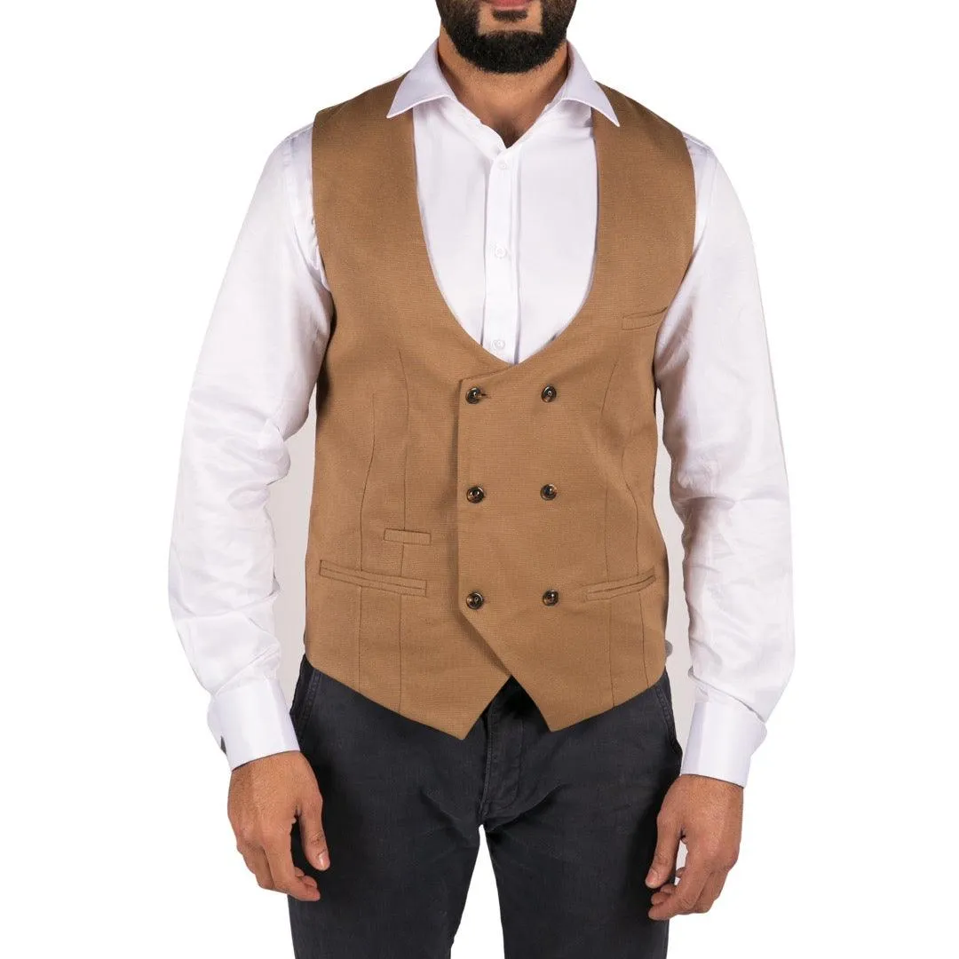 Mens Double Breasted Felt Tweed Vintage Retro Classic Waistcoat Slim Fit Herringbone