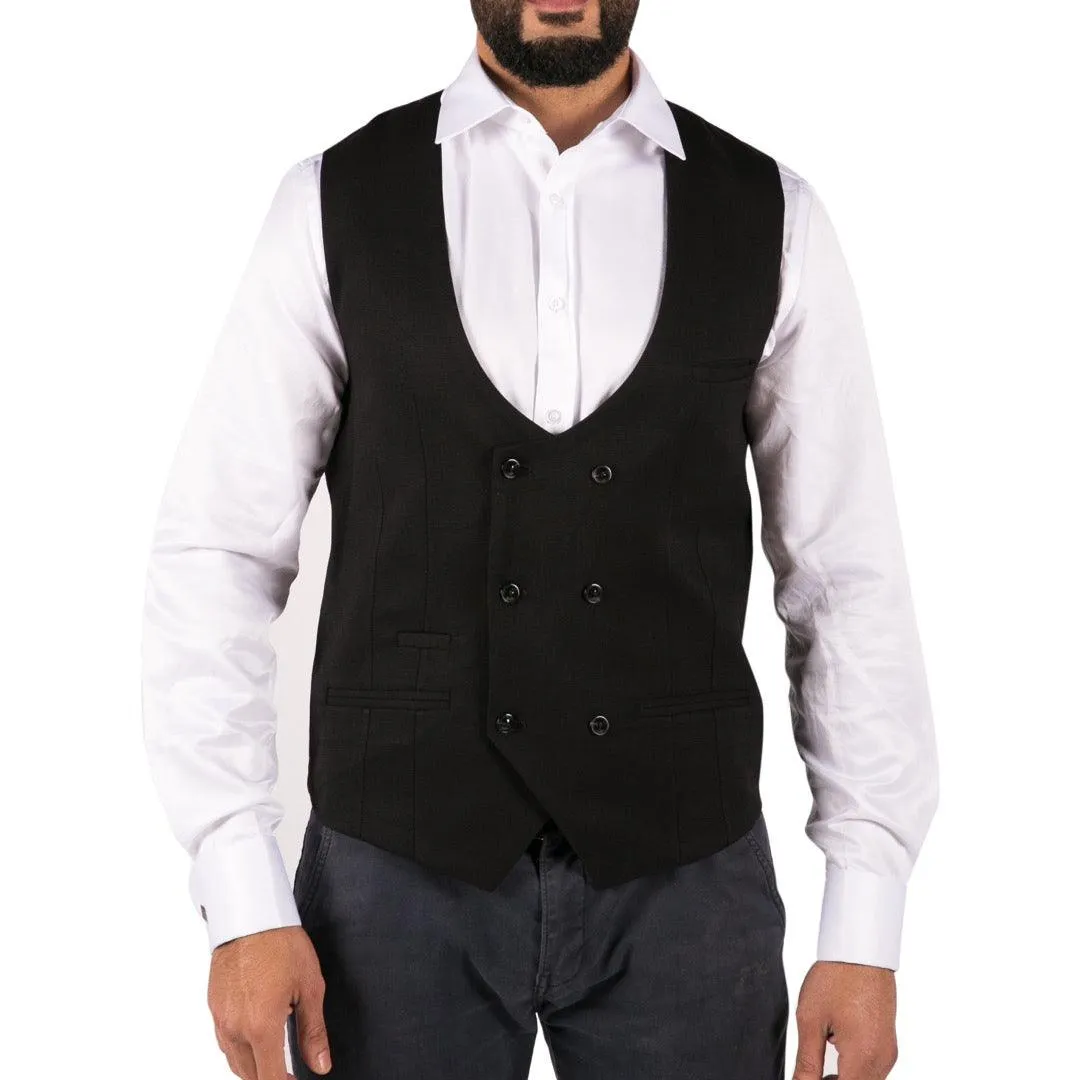 Mens Double Breasted Felt Tweed Vintage Retro Classic Waistcoat Slim Fit Herringbone