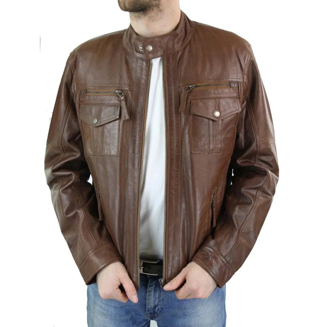 Mens Genuine Leather Biker Jacket Zipped Nehru Grandad Collar Regular Fit