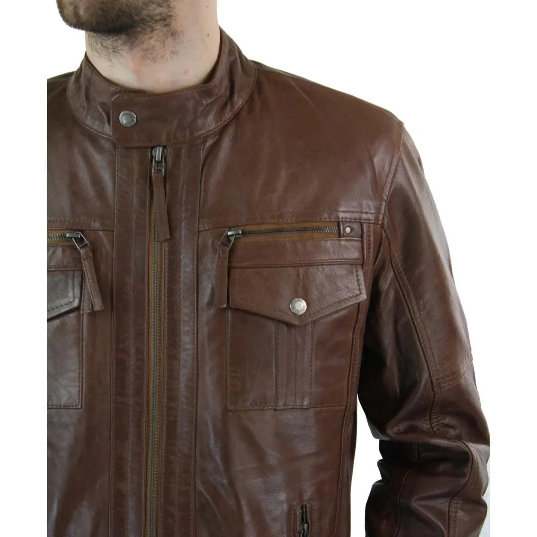 Mens Genuine Leather Biker Jacket Zipped Nehru Grandad Collar Regular Fit