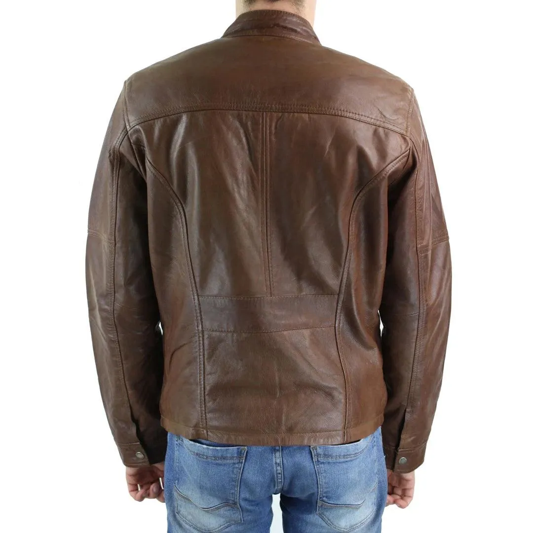 Mens Genuine Leather Biker Jacket Zipped Nehru Grandad Collar Regular Fit