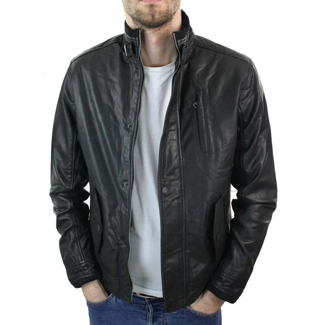 Mens Genuine Leather Zipped Vintage Black Smart Casual Jacket Short Coat Retro