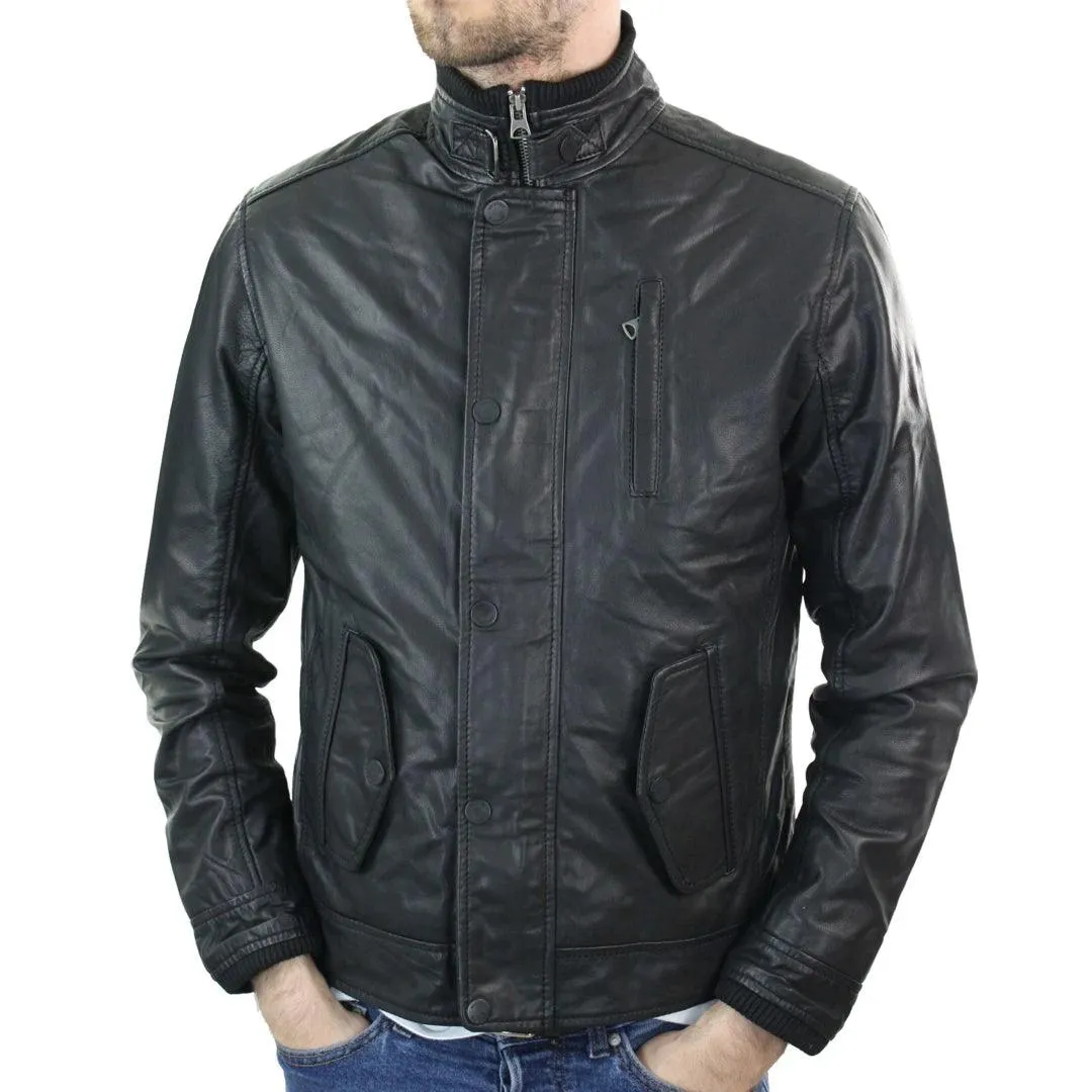 Mens Genuine Leather Zipped Vintage Black Smart Casual Jacket Short Coat Retro