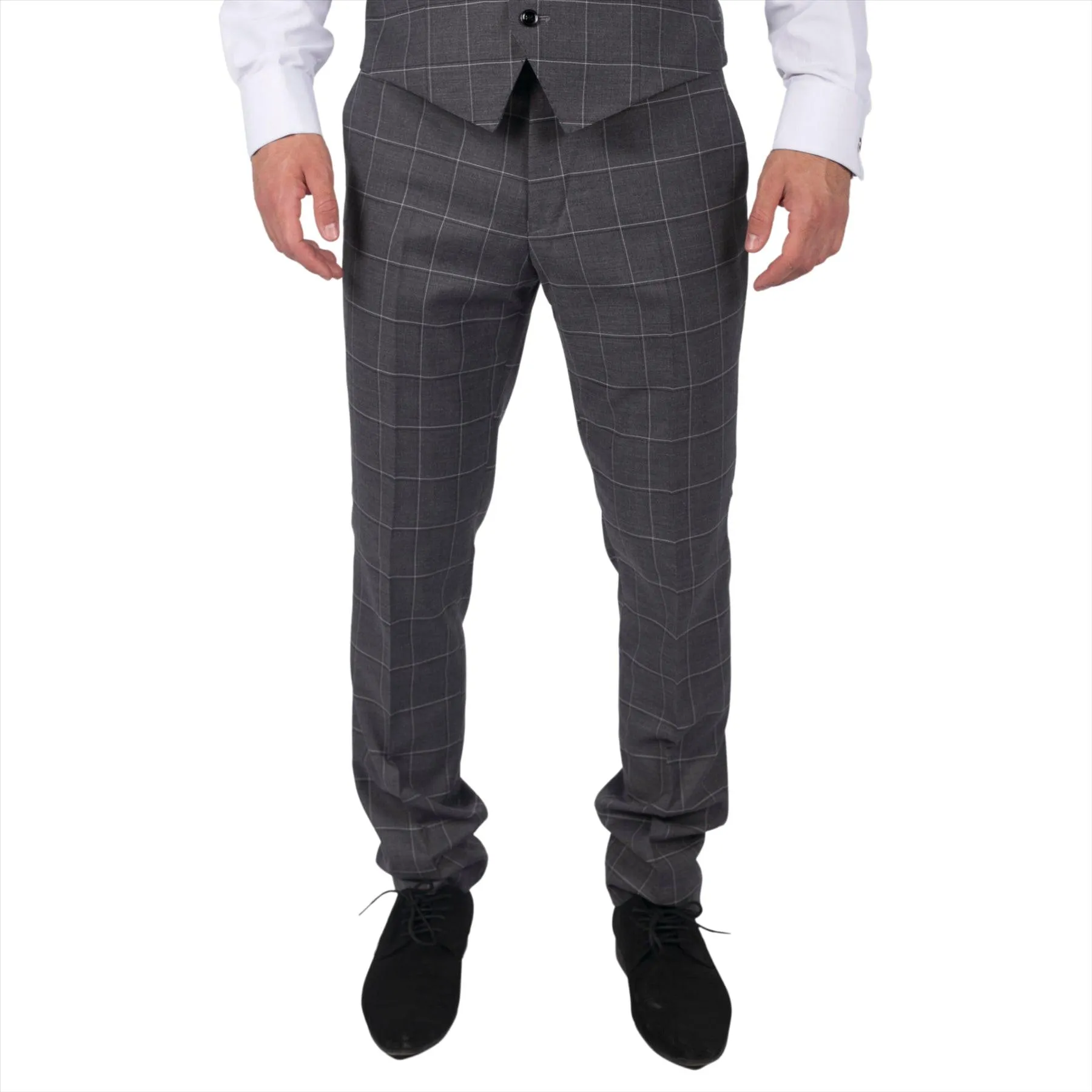 Mens Grey Check Trousers Vintage Retro Smart Wedding Classic Tailored Fit Light