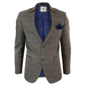 Mens Herringbone Tweed Marc Darcy Tan Brown Slim Fit 2 Button Blazer Check Jacket