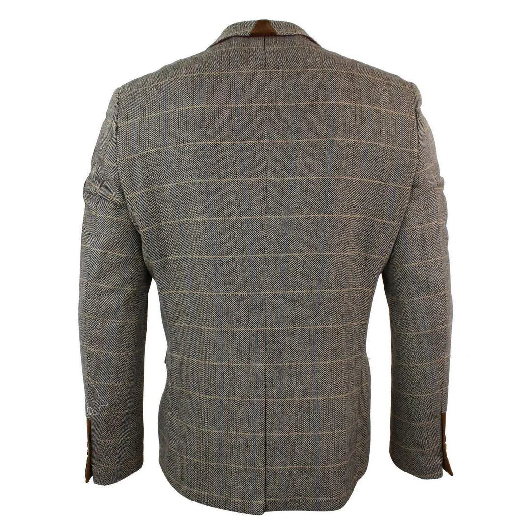 Mens Herringbone Tweed Marc Darcy Tan Brown Slim Fit 2 Button Blazer Check Jacket