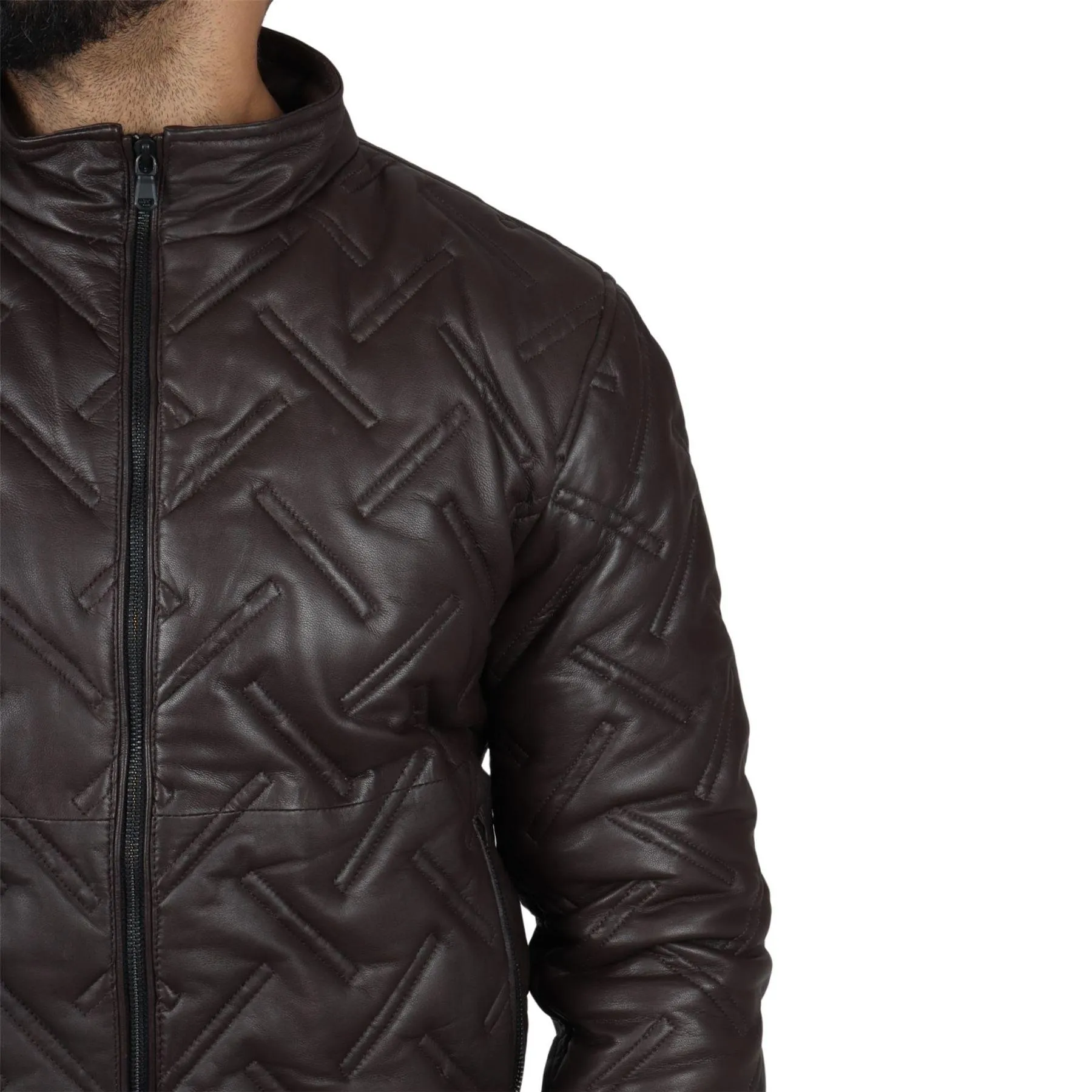 Men's Puffer Quilted Bomber Jacket Real Leather Casual