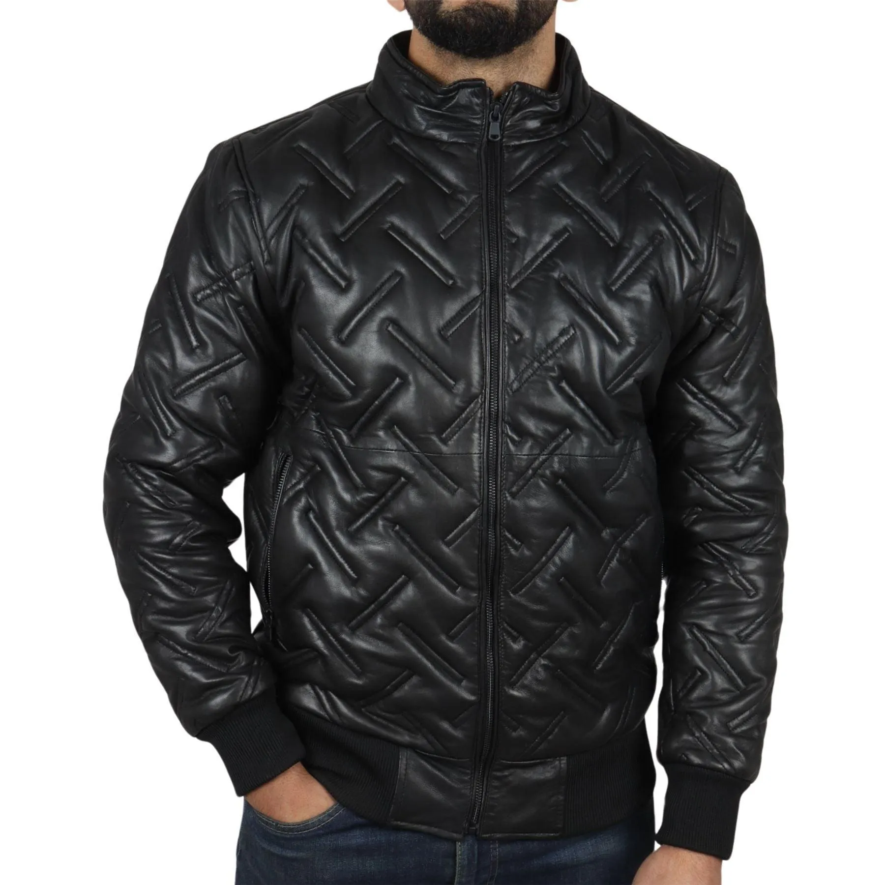 Men's Puffer Quilted Bomber Jacket Real Leather Casual